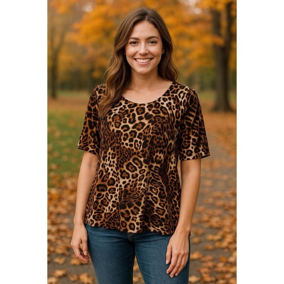 East 5th Women's Y2K Leopard Print Stretch Knit Top Casual Boho Glam Chic Sz Lg - Picture 2 of 7
